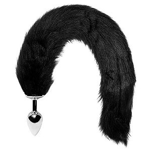 Plug Anal Cromado Rabo de Raposa Preto Pequeno 40cm - 5863