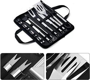 Kit Churrasco Inox Maleta Premium Churrasqueiro Profissional 20 Unidades - Acompanha Estojo com Alça