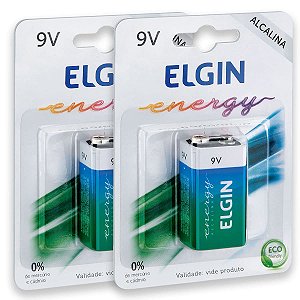 02 Pilhas Bateria 9v Alcalina Elgin 2 Cartelas