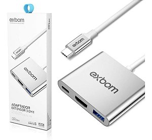 Cabo Adaptador 3 em 1 Conversor USB Tipo-C para HDMI + USB 3.0 + Tipo C Exbom U3V-A3N1