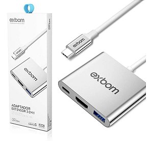 Cabo Adaptador 3 em 1 Conversor USB Tipo-C para HDMI + USB 3.0 + Tipo C Exbom U3V-A3N1