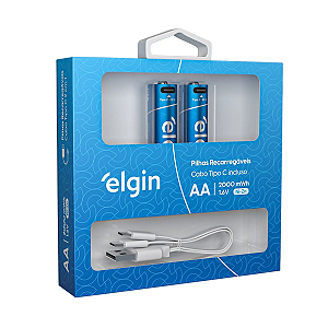 Pilha AA Comum Recarregável Elgin - USB-C Integrado 2 Unidades