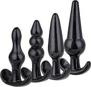 Kit Plug Anal com Alça - 4 Tamanhos - Preto