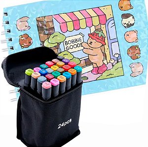 Kit Bobbie Goods Livro de Colorir Azul Capa Dura + 24 Canetinhas Hidrocor Infantil