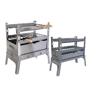 KIT PROMOÇÃO - Churrasqueira Portátil SMART 4035 - Aço Inox com Espetos e Grelhas + Churrasqueira Portátil JOY para Espetinhos em Aço Galvanizado
