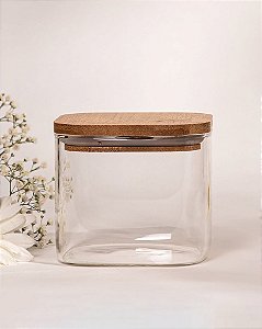 Pote Vidro Quadrado Tampa Bambu 600ml