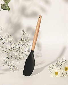 Espátula Reta Silicone Preto Cabo Madeira