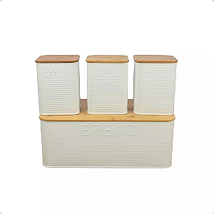 Conjunto Porta Pão E 3 Potes Multiuso De Metal e Tampa Bambu