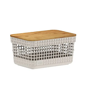 Cesto Plástico Grid Com Tampa de Bambu-20L