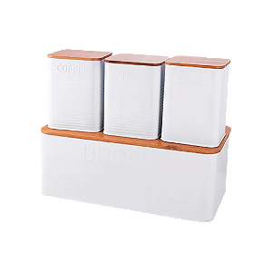 Jogo Porta Pão E Potes Coffee Tea Sugar Branco Mimo Style Cor Branco E Marrom Liso