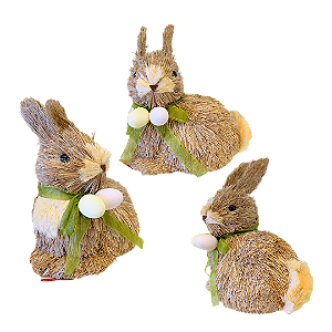 Coelho de Páscoa em Palha Marrom Sentado Enfeite 19cm