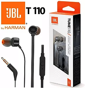 Fone de Ouvido JBL Tune 110 Preto Original – In-Ear com Cabo Flat, Conector P2 e Microfone Integrado