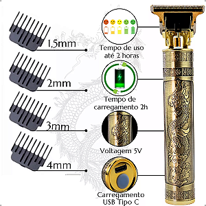 Máquina Profissional Dragão Acabamento Sem Fio Cabelo Barba Pezinho Personalizada Com Limitador de Lamina Ajustável Recarregável 4 Pentes Óleo Escovinha Kit Conjunto Aparador Acabamento