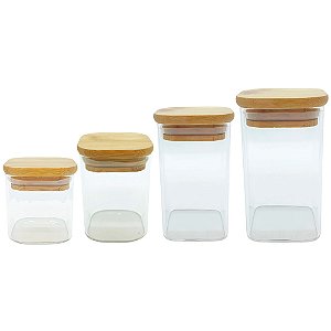 Pote de Vidro Hermético Quadrado com Tampa de Bambu - Rizzo Import