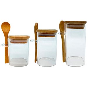 Pote de Vidro Hermético Quadrado com Tampa e Colher de Bambu - 120 unidades - Rizzo Import