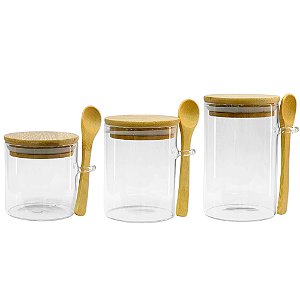 Pote de Vidro Hermético com Tampa e Colher de Bambu - 120 unidades - Rizzo Import
