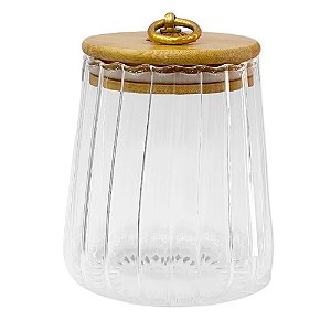 Pote de Vidro Canelado Hermético com Tampa de Bambu e Detalhe Dourado - 8x11cm - 540ml - 80 unidades - Rizzo Import