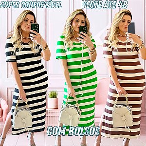 VESTIDO LONGO COM BOLSOS E FENDA LATERAL LISTRADO VERDE MARROM NUDE PRETO COM MANGA CONFORTÁVEL TAM ÚNICO (FORMA GRANDE)