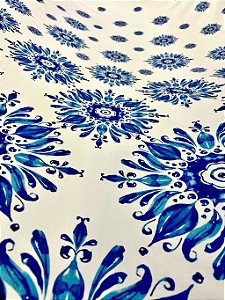 Tecido Malha Fluid Mandala Azul com Elastano para Roupa Feminina Vestidos conjuntos blusinhas leve e fresco