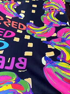 Tecido Malha Fluid Estampa Verão Tropical banana preto colorido Pano para Vestidos