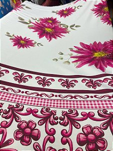 Tecido Malha Fluid Floral Azulejo Português Pink com Elastano para Roupa Feminina Vestidos conjuntos blusinhas leve e fr