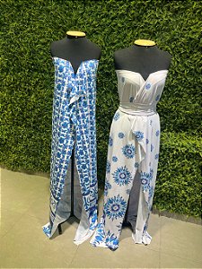 Tecido Malha Fluid com Elastano Azulejo Português Azul para Roupa Feminina Vestidos conjuntos blusinhas leve e fresco
