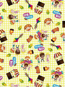 TECIDO CREPE FESTA JUNINA PERSONAGENS XADREZ VÁRIAS CORES  LEVE E FRESCO  PARA VESTIDO, BLUSA, CONJUNTO, SAIA, PANTALONA