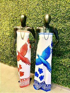 Tecido Crepe Arara Tropical azul vermelho com barrado estampado colorido vestido blusinha