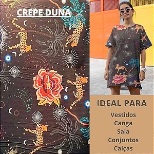 Crepe  1m estampado onça animal print preto tropical para Vestidos, Blusa, Calça, Conjunto, Canga