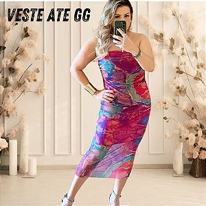 Vestido Tomara que caia em Tule de Malha Marmorizado Midi Longo com Forro sem bojo pink e azul com verde Com elastano