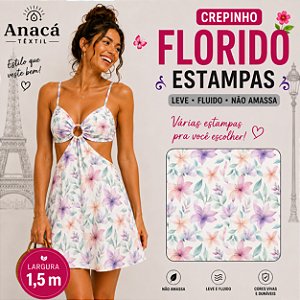 TECIDO CREPINHO FLORIDO PARA CONFECÇÃO DE VESTIDOS, SAIAS, BLUSAS, ETC