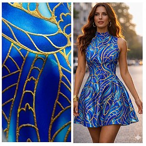 TECIDO CREPINHO AZUL SAFIRA DETALHES EM OURO PARA CONFECÇÃO DE VESTIDOS, SAIAS, BLUSAS, ETC