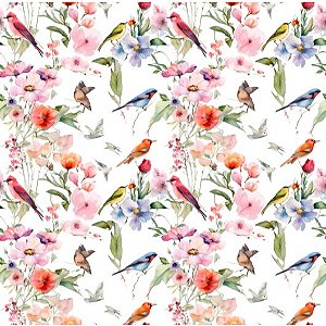 TECIDO FLUID PÁSSAROS NO JARDIM PRIMAVERA PARA CONFECÇÃO DE VESTIDOS, SAIAS, BLUSAS, ETC