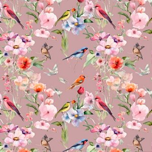 TECIDO CREPINHO JARDIM FLORAL COM PÁSSAROS PARA CONFECÇÃO DE VESTIDOS, SAIAS, BLUSAS, ETC