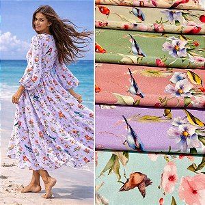 TECIDO CREPINHO JARDIM FLORAL COM PÁSSAROS PARA CONFECÇÃO DE VESTIDOS, SAIAS, BLUSAS, ETC