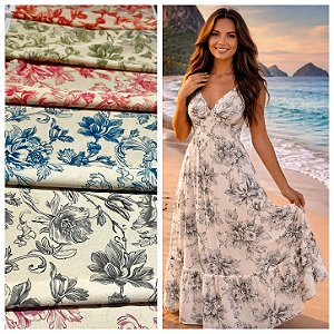 TECIDO CREPINHO FLORAL VINTAGE ROMÂNTICO FUNDO BRANCO PARA CONFECÇÃO DE VESTIDOS, SAIAS, BLUSAS, ETC.