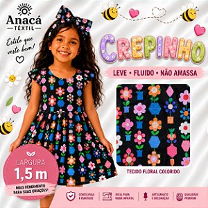 TECIDO CREPINHO FLORAL INFANTIL COLORIDA MODA KIDS VASOS GEOMÉTRICOS PARA CONFECÇÃO DE VESTIDOS, SAIAS, BLUSAS, ETC.