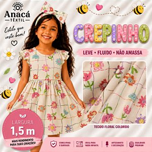 TECIDO CREPINHO FLORAL INFANTIL COLORIDA FLORES COM CARINHAS FOFAS PARA CONFECÇÃO DE VESTIDOS, SAIAS, BLUSAS, ETC.