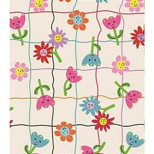 TECIDO CREPINHO FLORAL INFANTIL COLORIDA FLORES COM CARINHAS FOFAS PARA CONFECÇÃO DE VESTIDOS, SAIAS, BLUSAS, ETC.