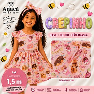 TECIDO CREPINHO DOCES CANDY DONUTS BOLOS CUPCAKES PARA CONFECÇÃO DE VESTIDOS, SAIAS, BLUSAS, ETC.