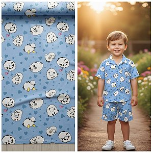 TECIDO CREPINHO CARNEIRINHOS FOFO INFANTIL FUNDO AZUL COM CORAÇÕES PARA CONFECÇÃO DE VESTIDOS, SAIAS, BLUSAS, ETC.