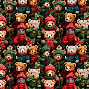 TECIDO CREPINHO COLEÇÃO URSINHOS NATALINOS PAPAI NOEL PARA CONFECÇÃO DE VESTIDOS, SAIAS, BLUSAS, ETC.