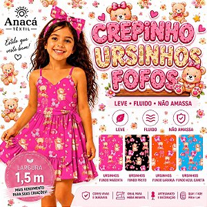 TECIDO CREPINHO URSINHOS FOFOS 1 LAÇOS CORAÇÕES TEDDY BALÕES BALLOONS PARA CONFECÇÃO DE VESTIDOS, SAIAS, BLUSAS, E