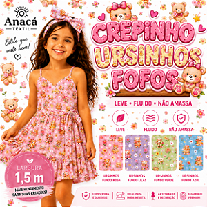 TECIDO CREPINHO URSINHOS FOFOS 2 URSA FLORAL COM LAÇO E FLORES PARA CONFECÇÃO DE VESTIDOS, SAIAS, BLUSAS, E
