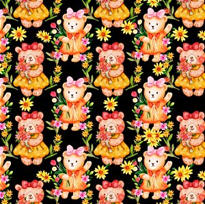 TECIDO CREPINHO URSINHOS FOFOS 2 URSA FLORAL COM LAÇO E FLORES PARA CONFECÇÃO DE VESTIDOS, SAIAS, BLUSAS, E