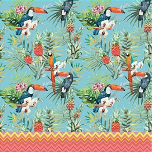 TECIDO CREPINHO FAARM 1 TUCANOS E ABACAXIS AZUL PARA CONFECÇÃO DE VESTIDOS, SAIAS, BLUSAS, ETC