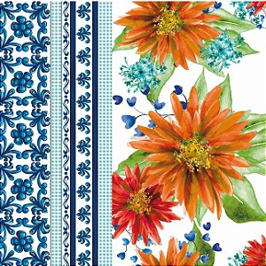 TECIDO FLUID FLORES LARANJAS COM VICHY E AZULEIJOS AZUL PARA CONFECÇÃO DE VESTIDOS, SAIAS, BLUSAS, ETC