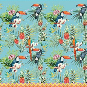 TECIDO FLUID FAARM 1 TUCANOS E BACAXIS AZUL PARA CONFECÇÃO DE VESTIDOS, SAIAS, BLUSAS, ETC