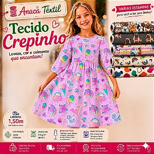 CREPINHO- COLEÇÃO INFANTIL 1 - UNICÓRNIO, JOANINHA, GIRAFA, CACHORRO PARA CONFECÇÃO DE VESTIDOS, SAIAS, BLUSA, ETC