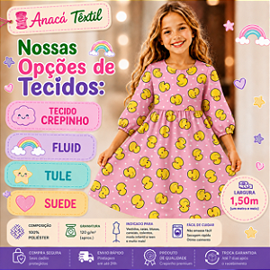 TECIDOS TULE, CREPINHO, FLUID E SUEDE LIGHT - Patinhos e Corações Rosa - PARA CONFECÇÃO DE VESTIDOS, PIJAMAS, SAIAS, BLUSA, ETC